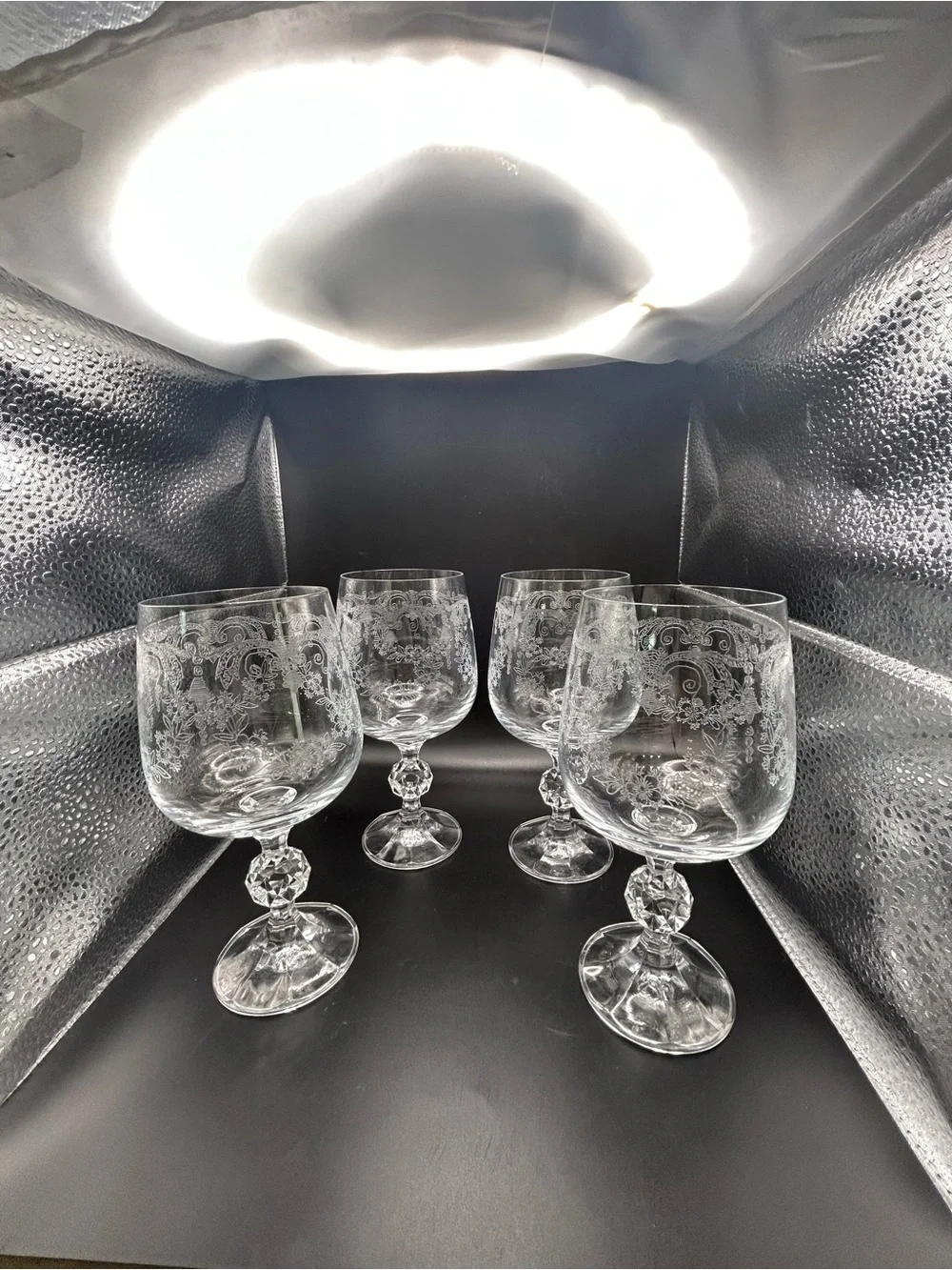VTG Bohemia Crystal Cascade 6.5” Etched Ball Stem Goblets Made in Czechoslovakia